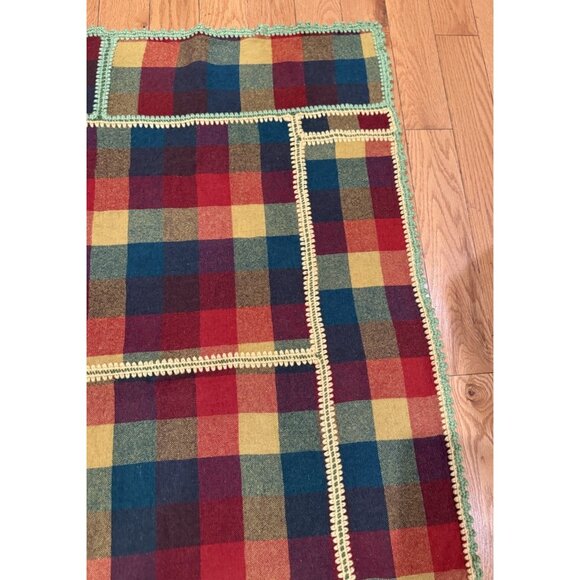 Vintage Wool Plaid Crocheted Block Lap Blanket Handmade Unique - Picture 6 of 8
